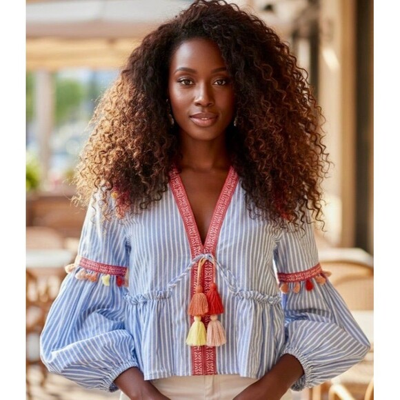 Zara Jackets & Blazers - ZARA TRF Collection Boho Embroidered Tasselled Blue Peasant Blouse Jacket Small